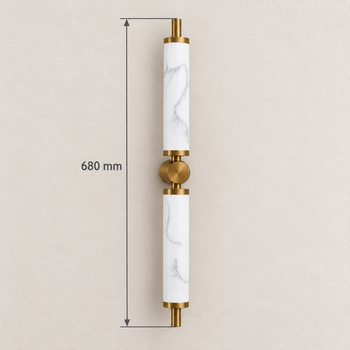 Twin cylinder marble-effect resin wall light showing 680 mm overall length