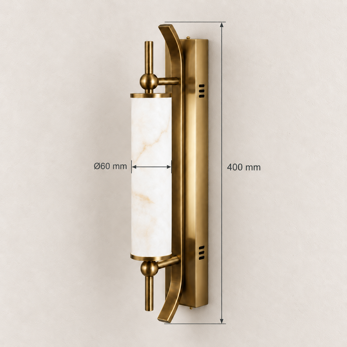 Curved frame resin wall light showing 400 mm overall height and a 60 mm diameter white cylinder