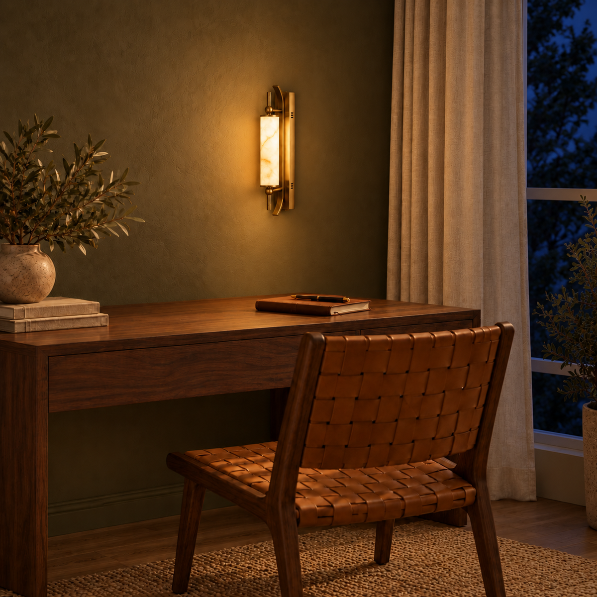 Curved frame marble-effect resin wall light illuminated above a wooden desk at night