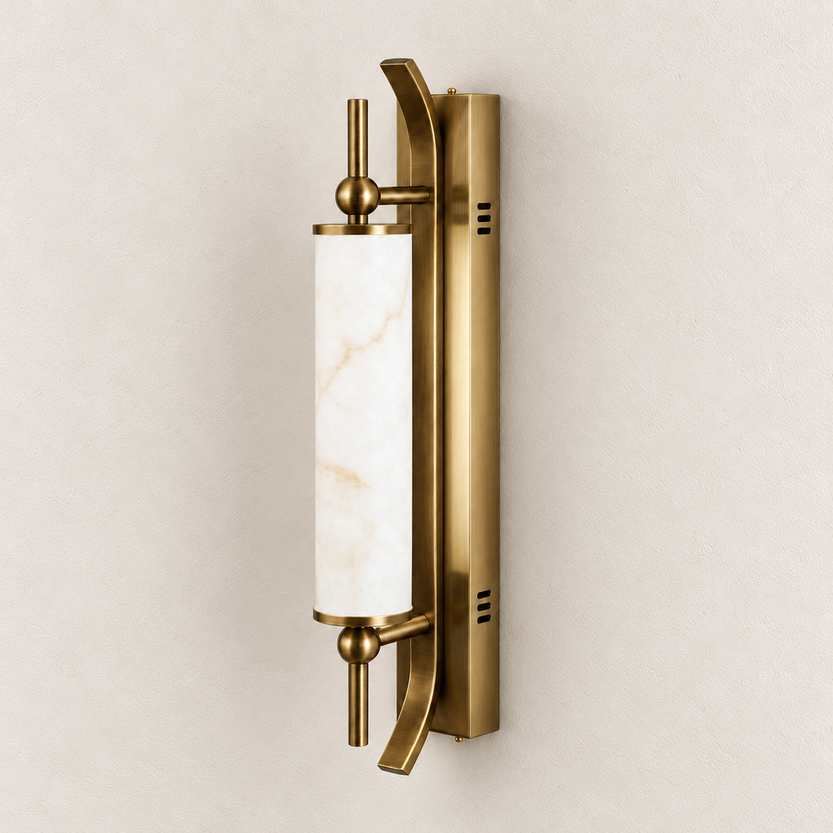 Curved frame marble-effect resin wall light with brass-toned accents against an ivory wall