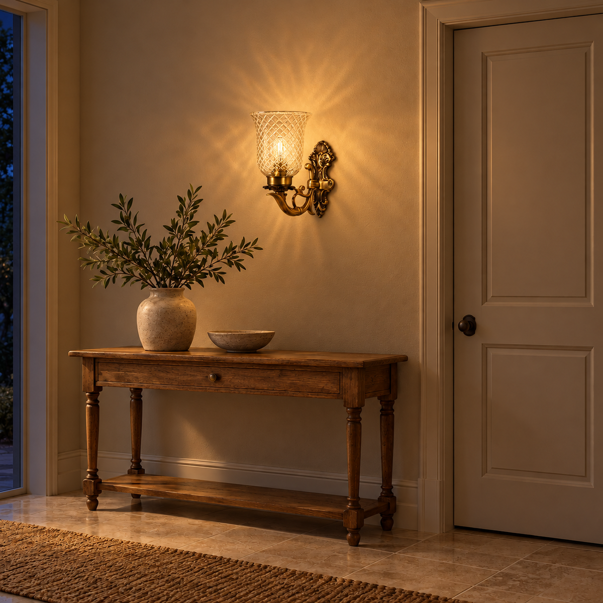 Diamond Cup Ornate Wall Light, illuminated in a nighttime interior setting.