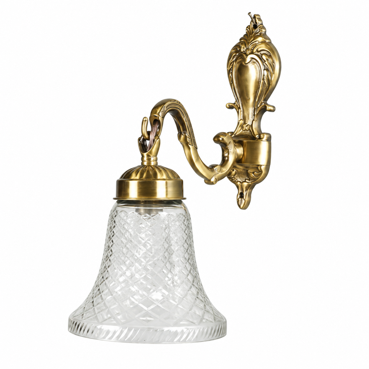 Cut Glass Bell Brass Wall Light, switched off on a white studio background.