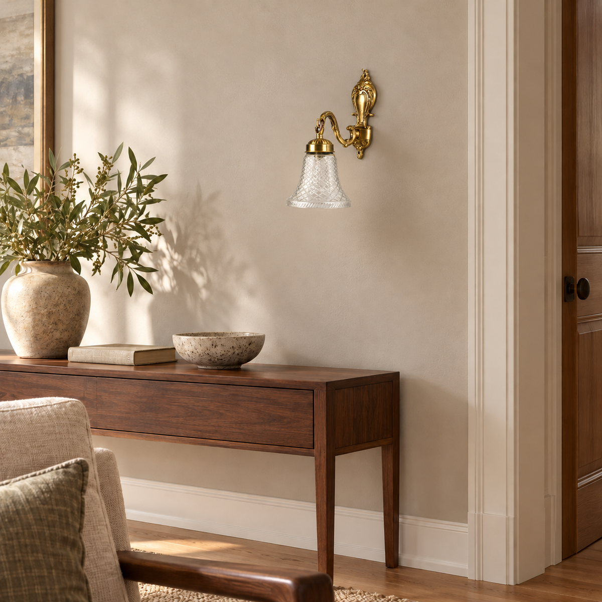 Cut Glass Bell Brass Wall Light, switched off in a daylight interior setting.
