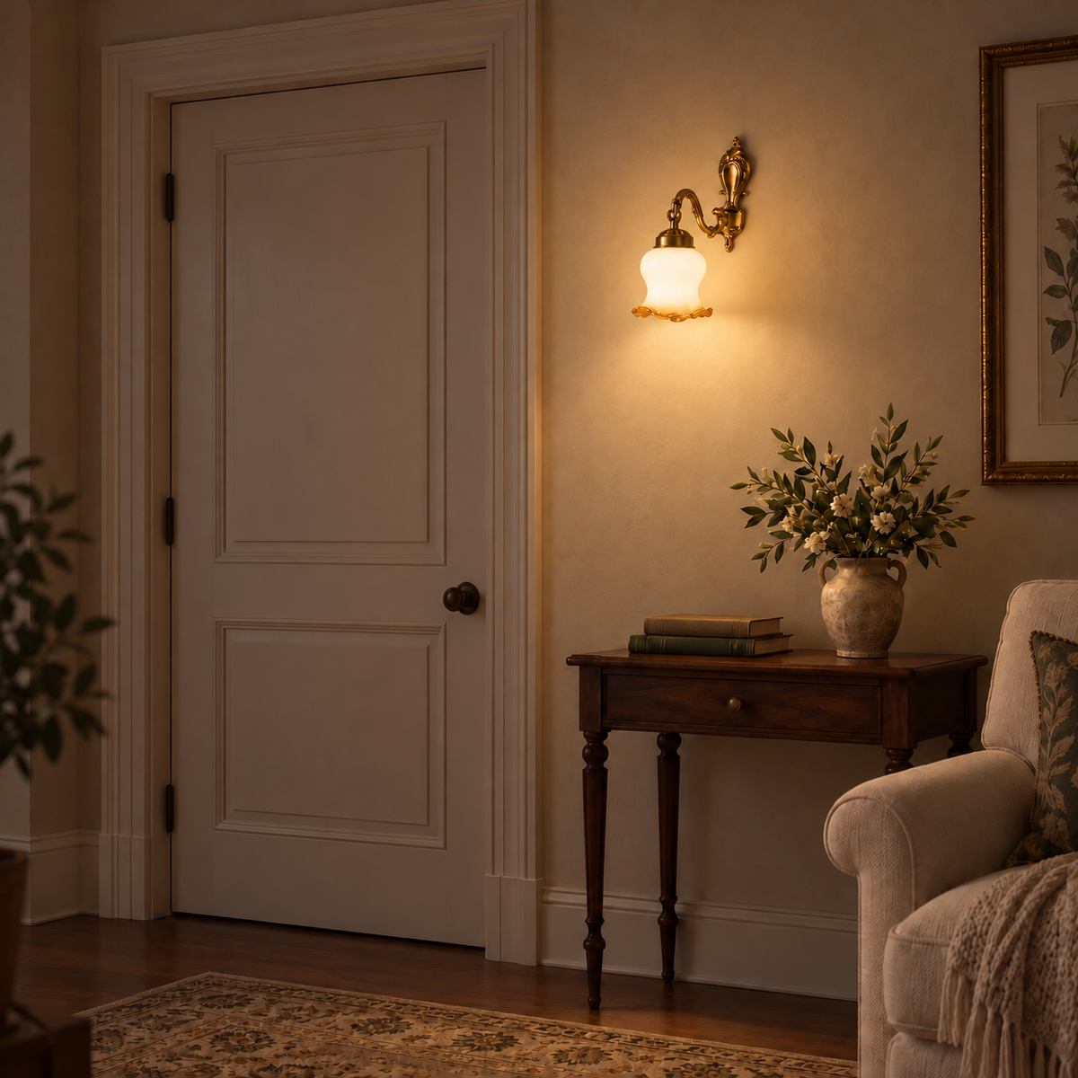 Amber Rim Opal Bell Wall Light, illuminated in a nighttime interior setting.