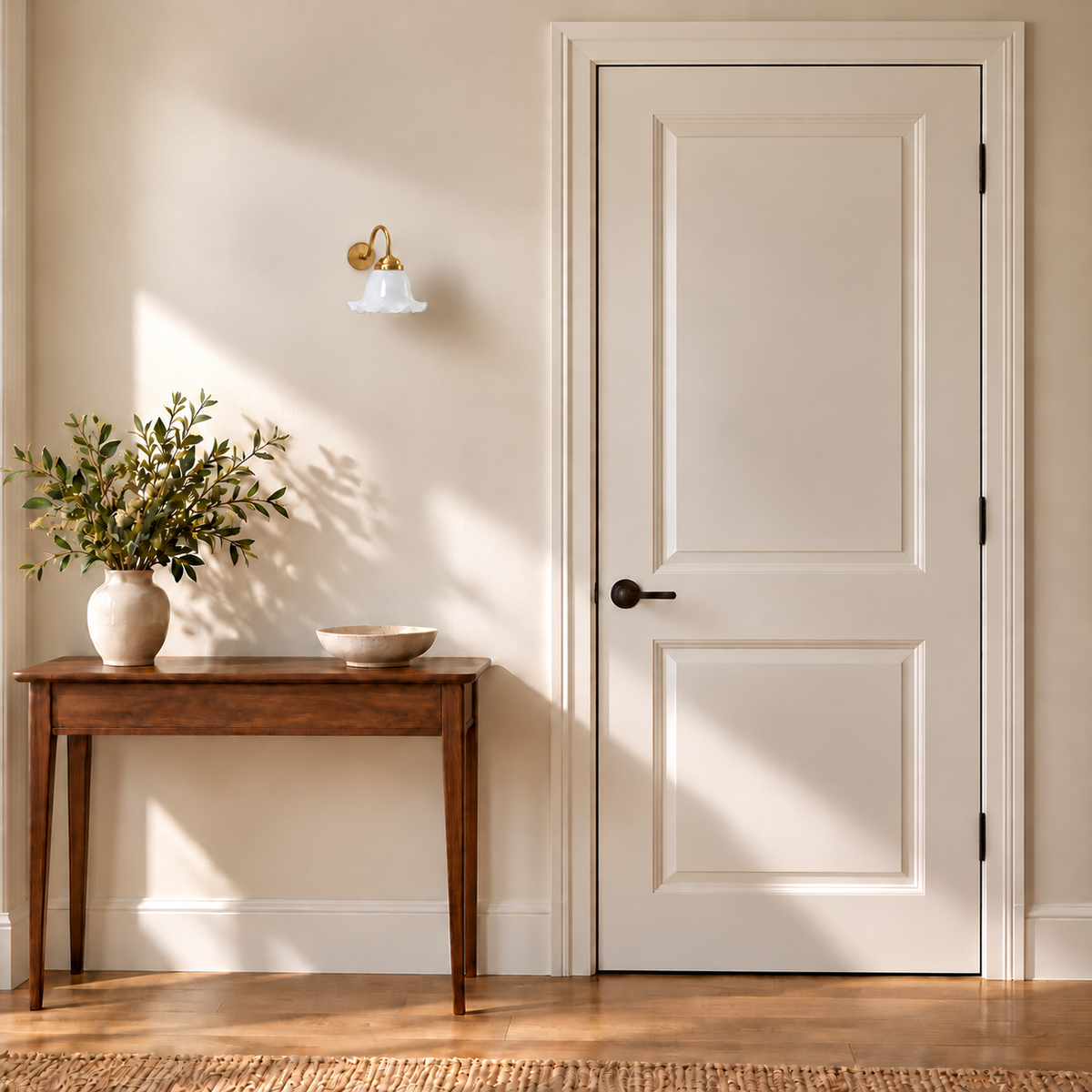 Scalloped bell glass wall light, switched off in a daylight interior setting.