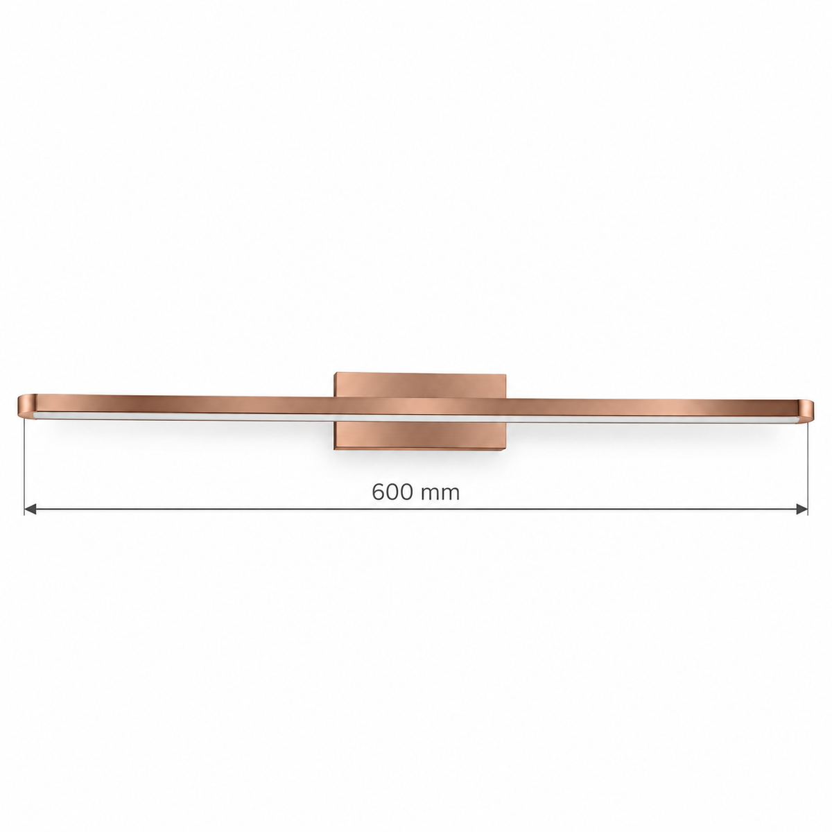 Rose-Gold Ultra-Slim Picture Light, 600 mm dimension view showing overall bar length 600 mm