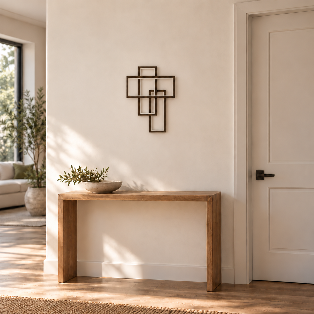 Coffee-coloured wall light with three overlapping open rectangular frames, switched off in a daylight interior setting.