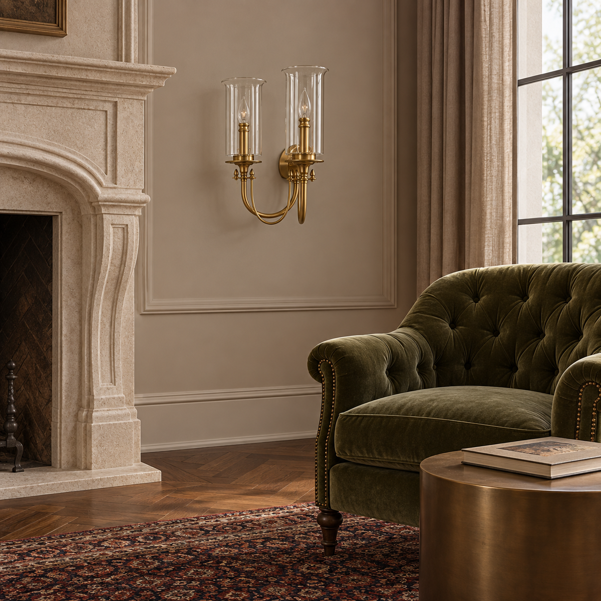 Twin Glass Hurricane Loop-Arm Wall Light beside a fireplace above an armchair in daylight, switched off