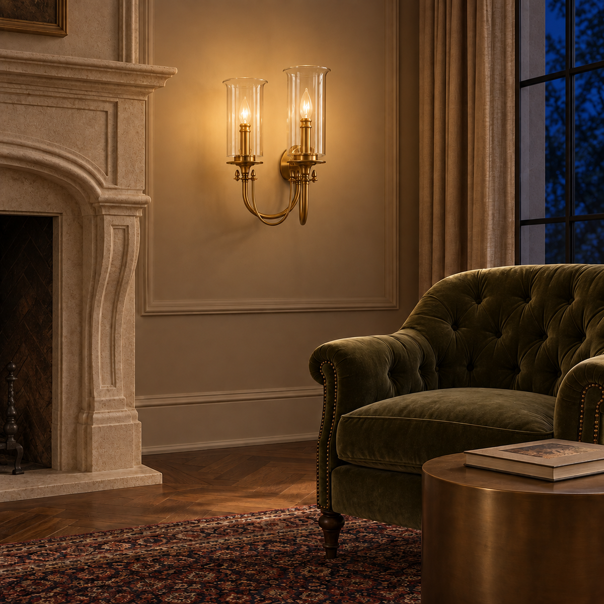 Twin Glass Hurricane Loop-Arm Wall Light beside a fireplace above an armchair illuminated at night