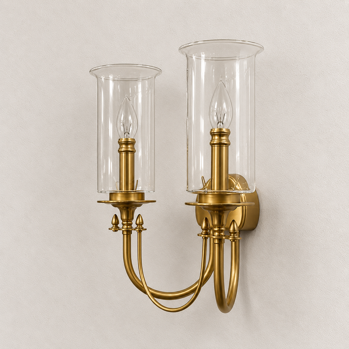 Twin Glass Hurricane Loop-Arm Wall Light shown against a neutral background, switched off