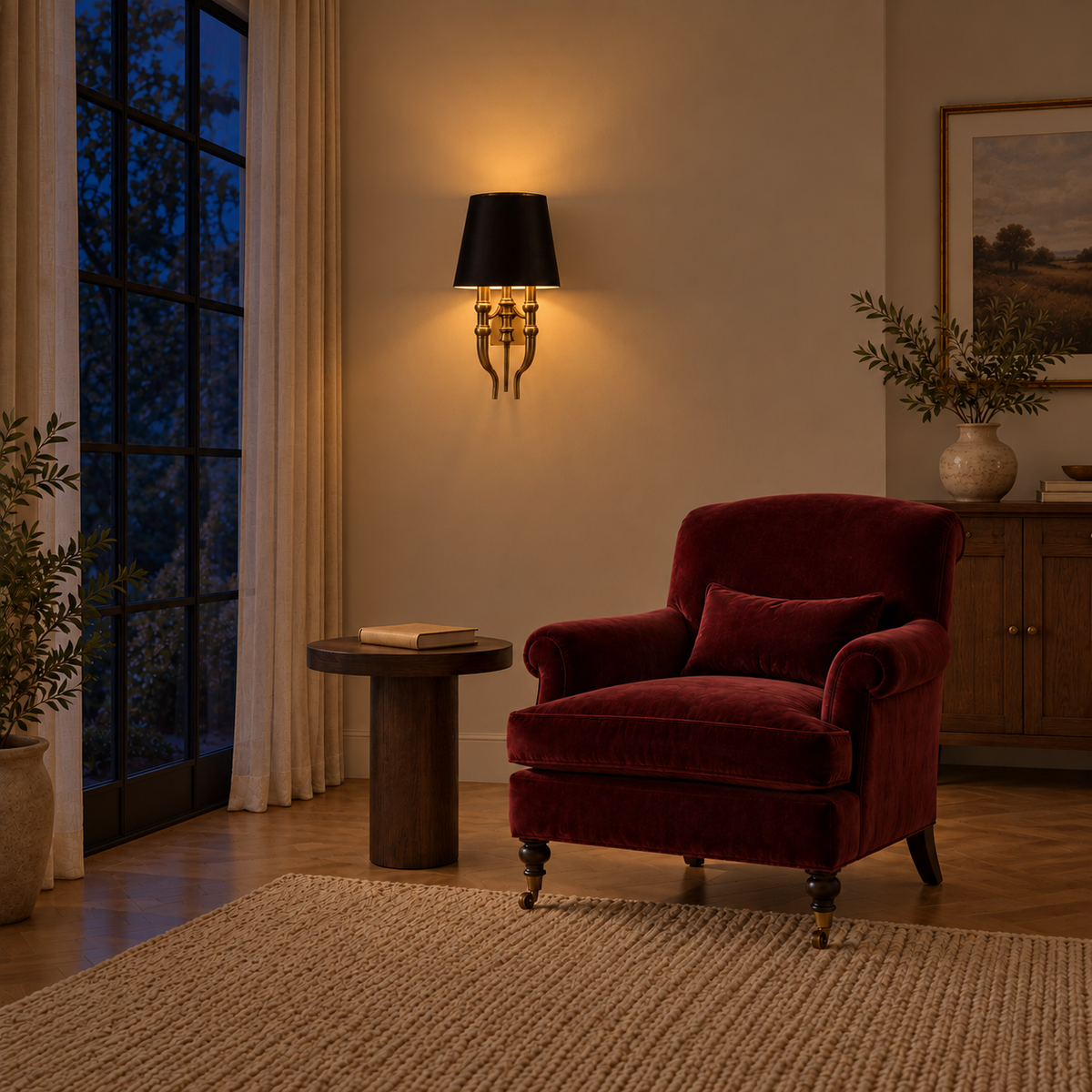 Black Tapered Shade Twin-Stem Wall Light beside an armchair in a sitting area illuminated at night