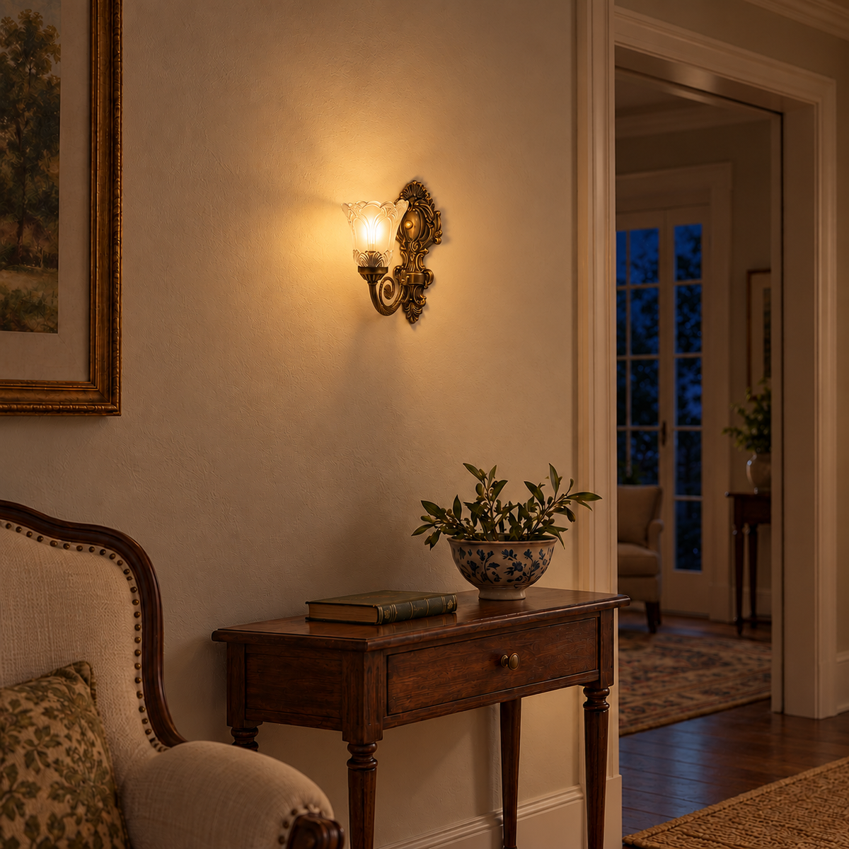 Scalloped glass scroll wall light illuminated above a wooden console beside an upholstered chair at night.