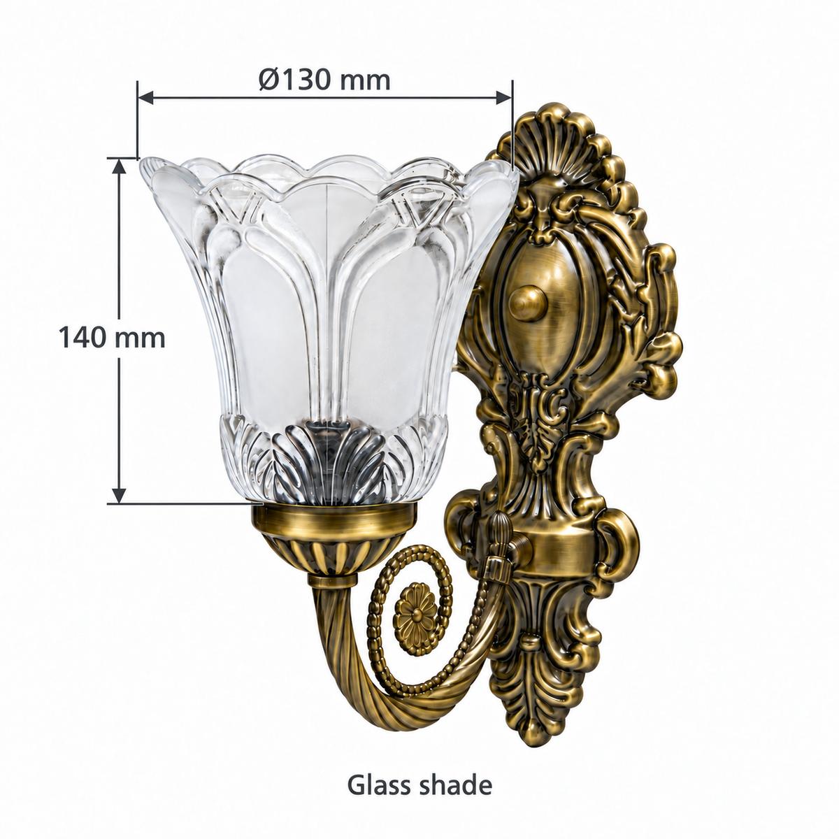 Scalloped glass wall light dimension diagram showing the glass shade only: 130 mm diameter and 140 mm high.