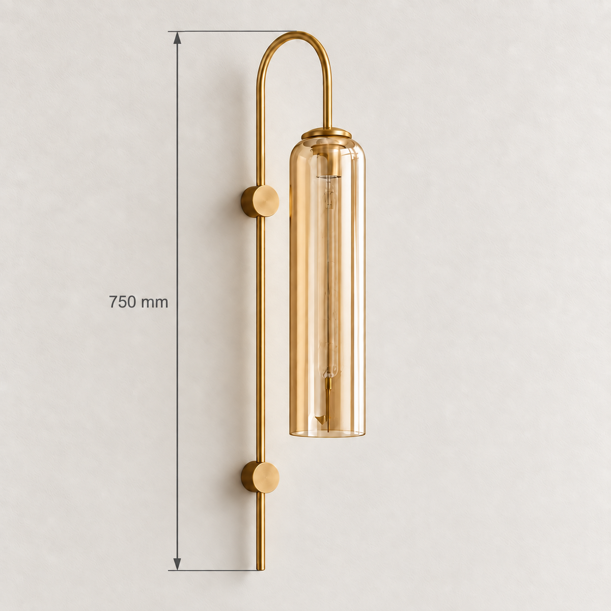 Amber glass arch-stem wall light showing 750 mm overall height