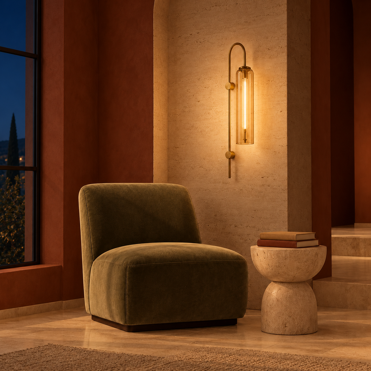 Amber glass arch-stem wall light beside a lounge chair illuminated at night