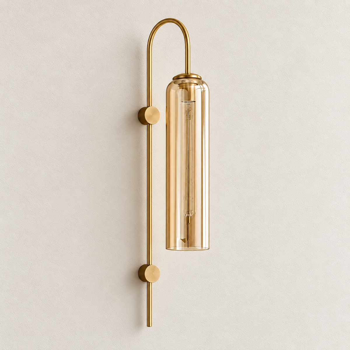 Amber glass arch-stem wall light with long cylindrical shade and two round wall fittings, switched off