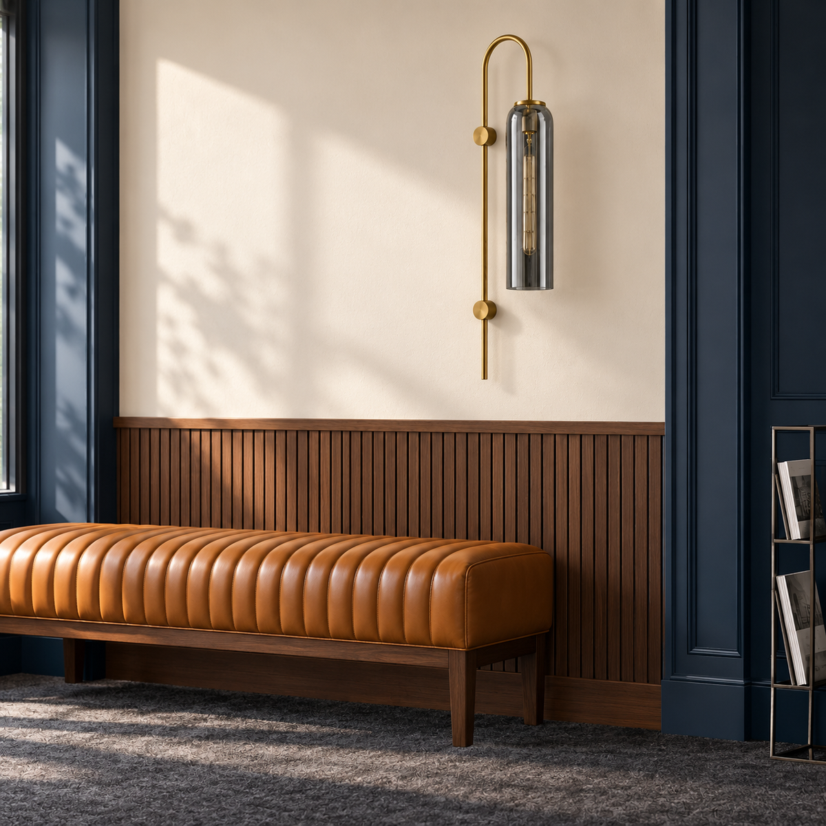 Smoke glass arch-stem wall light above a leather bench in a bright hallway, switched off