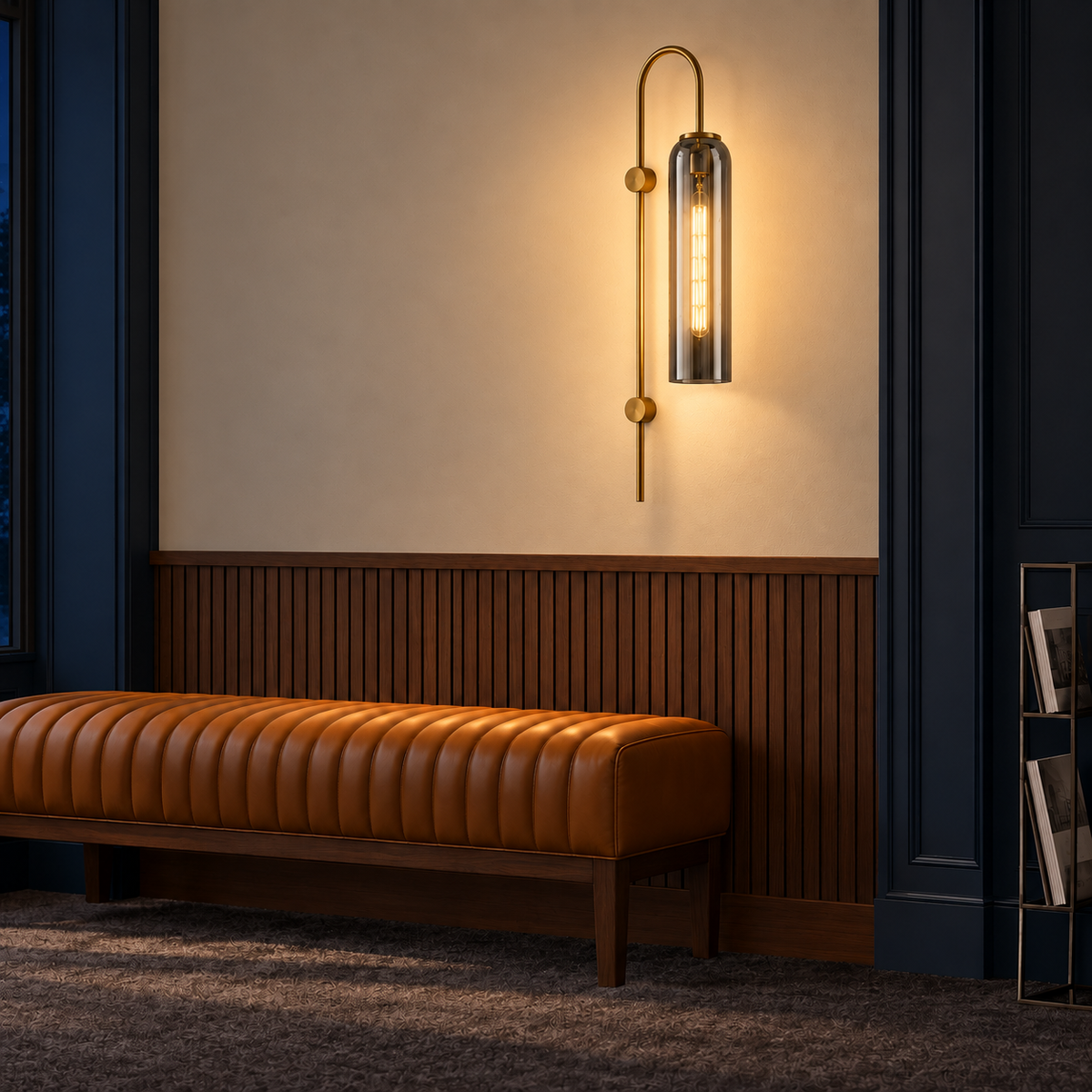 Smoke glass arch-stem wall light above a leather bench illuminated at night