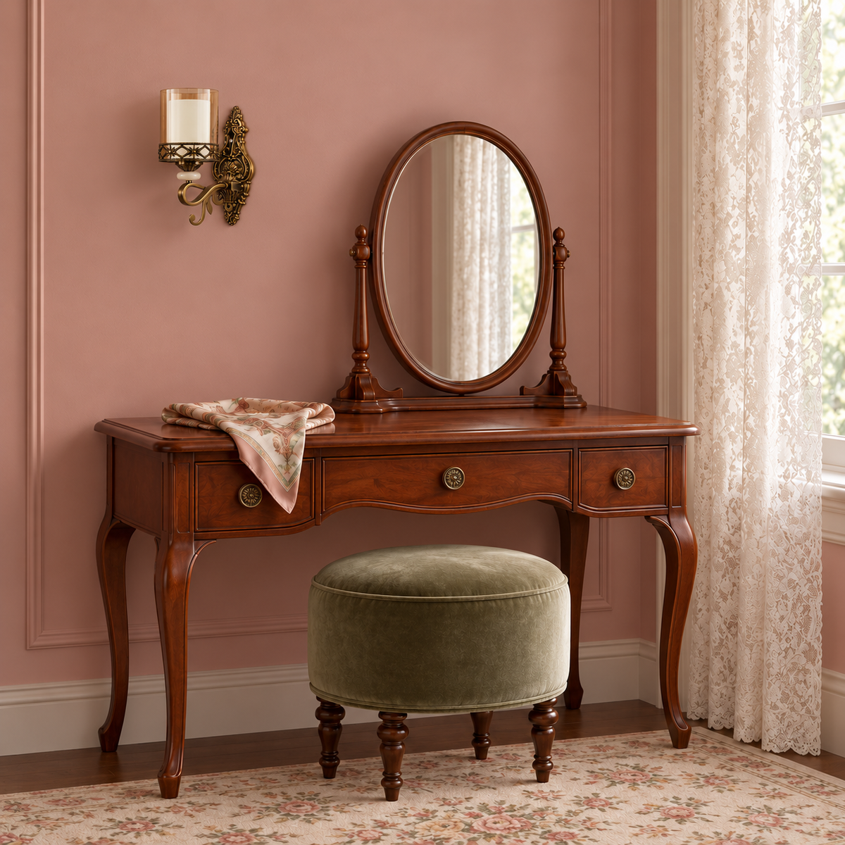 Ornate Floral-Band Double-Glass Wall Light beside a mirror above a dressing table in daylight, switched off