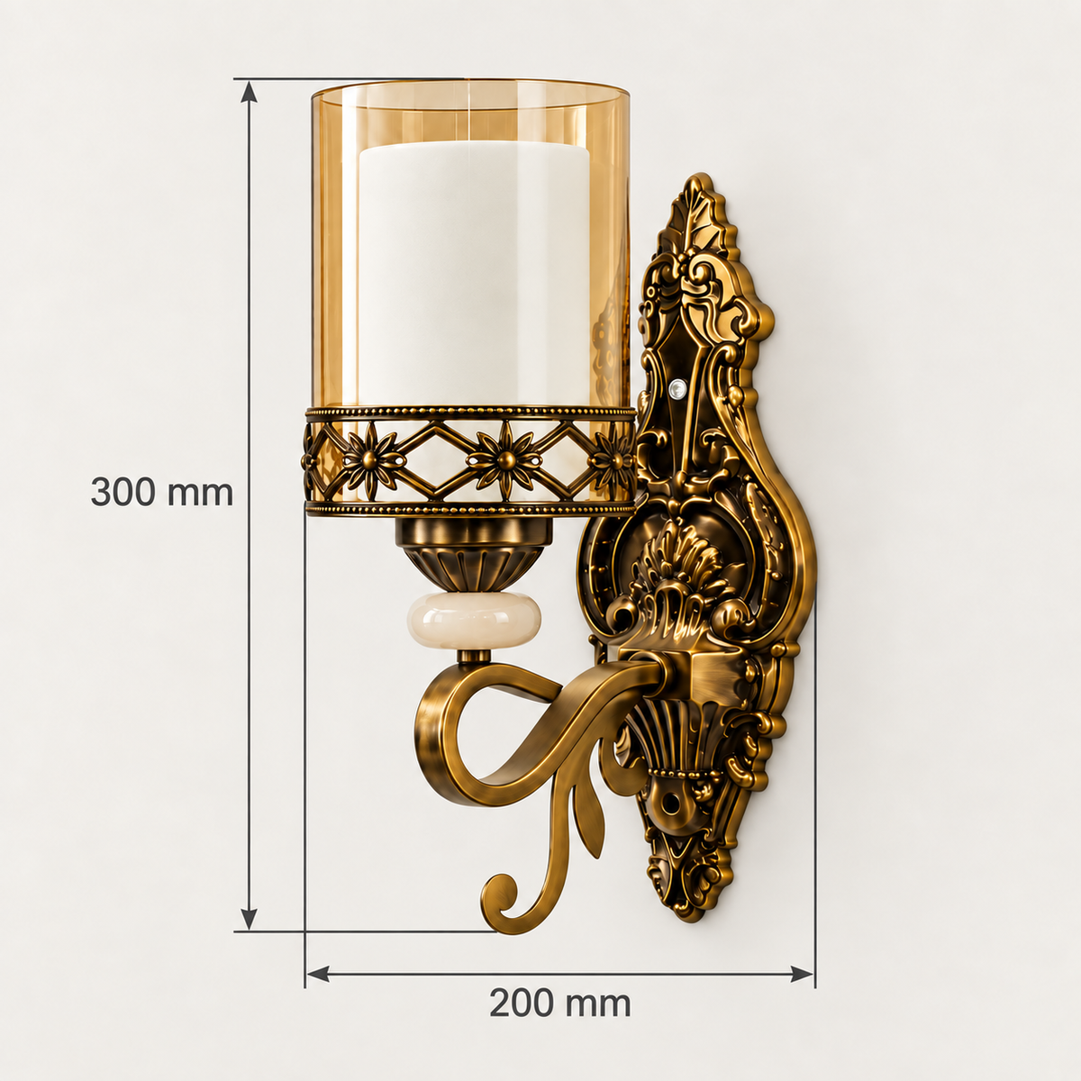 Ornate floral-band double-glass wall light showing 200 mm width and 300 mm overall height