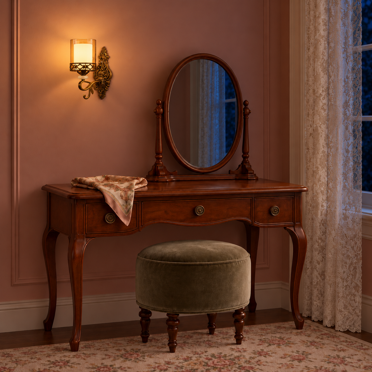 Ornate Floral-Band Double-Glass Wall Light beside a mirror above a dressing table illuminated at night