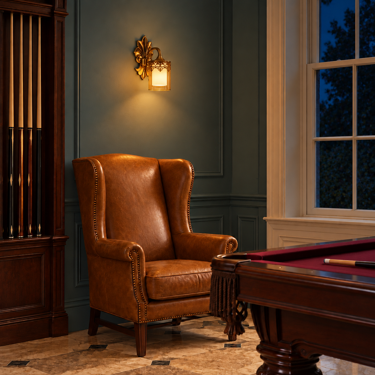 Leaf-Backplate Filigree Glass Wall Light above a leather armchair beside a billiard table illuminated at night
