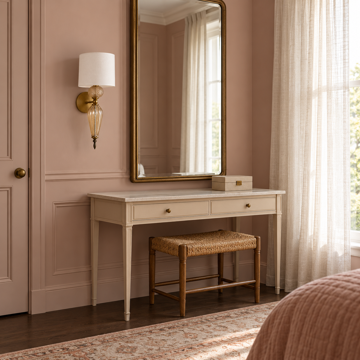 White Drum Shade Fluted-Drop Wall Light beside a mirror above a dressing table in daylight, switched off
