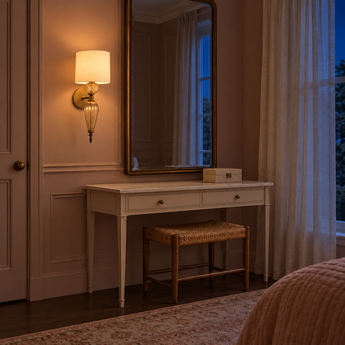 White Drum Shade Fluted-Drop Wall Light beside a mirror above a dressing table illuminated at night