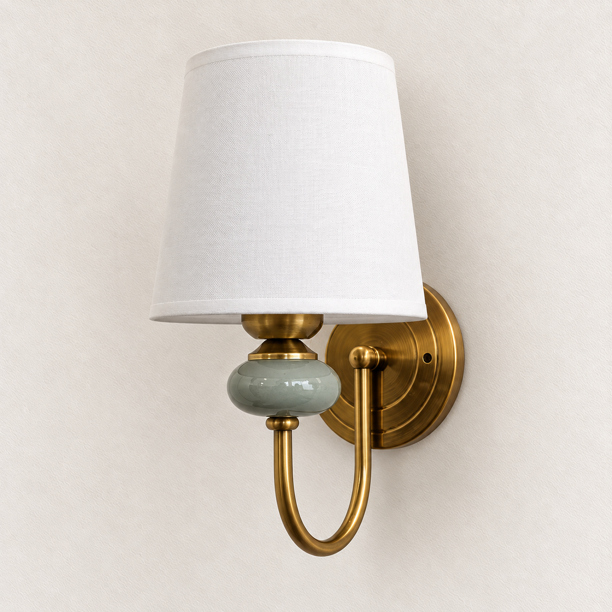 White Shade Loop-Arm Wall Light with Sage Accent shown against a neutral background, switched off