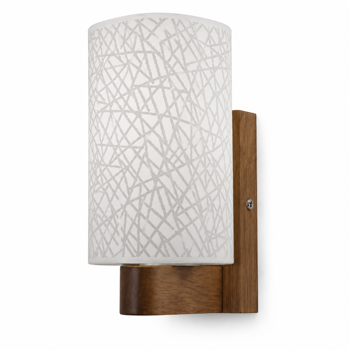 White crosshatch-pattern glass wall light with a brown wood support and rectangular backplate, switched off against a white background
