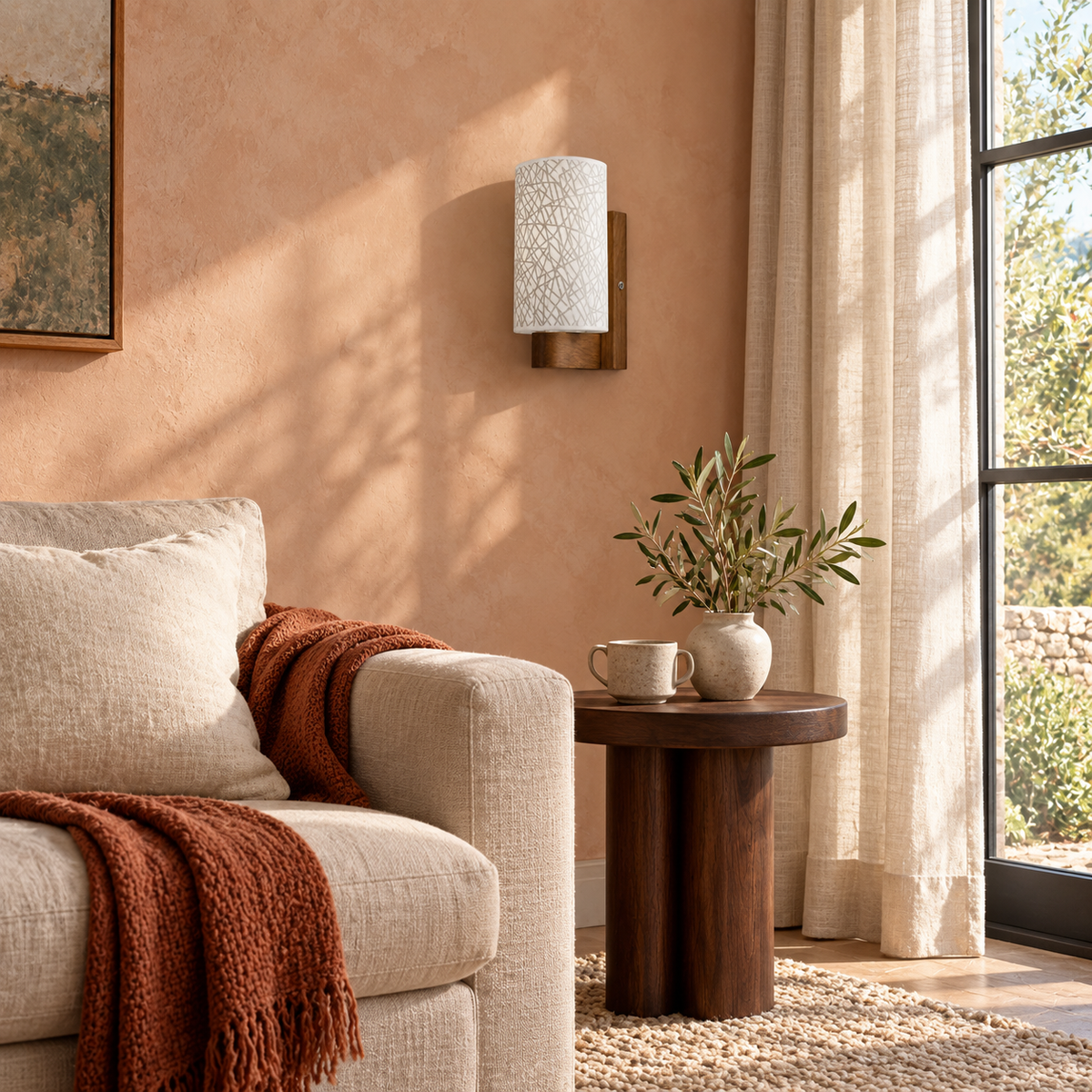 Crosshatch Glass Wood Wall Light above a round side table beside a pale sofa in daylight, switched off