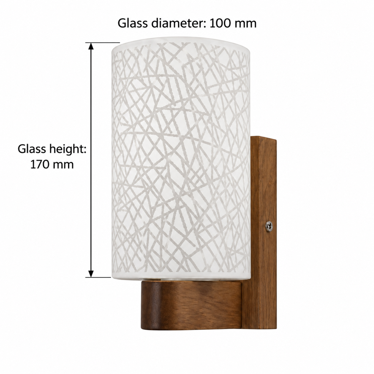 Crosshatch glass wood wall light dimension guide stating glass diameter 100 mm and showing glass-only height 170 mm