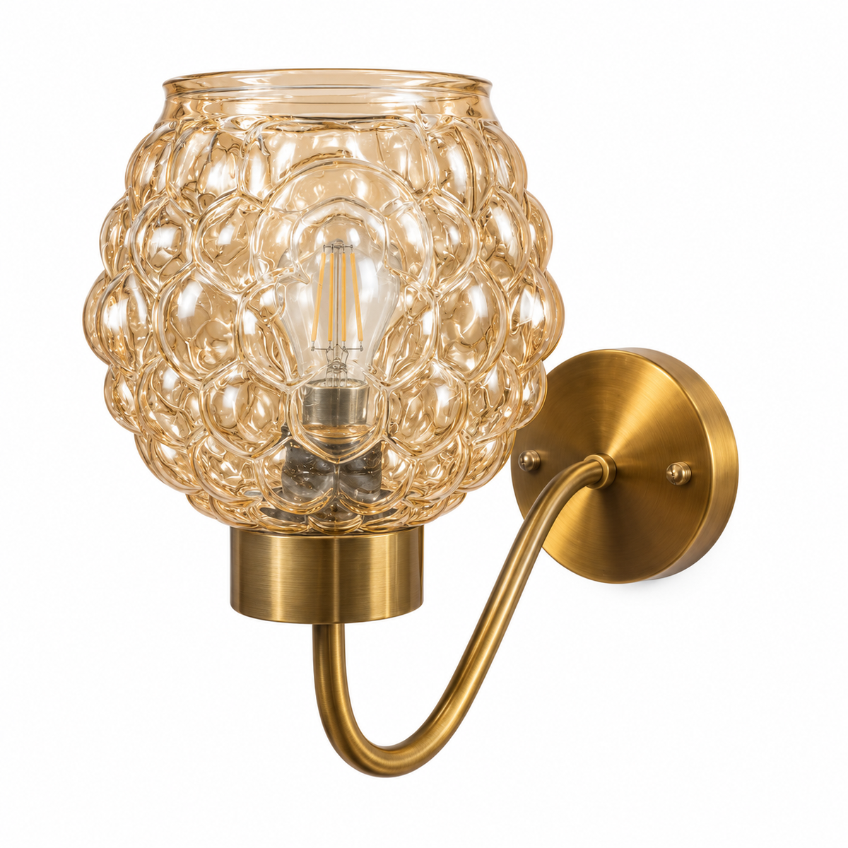 Amber bubble-textured glass wall light with a curved arm and round backplate, switched off on a white background.