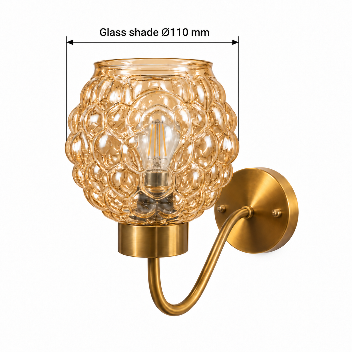 Amber bubble glass wall light dimension diagram showing the glass shade diameter only: 110 mm.