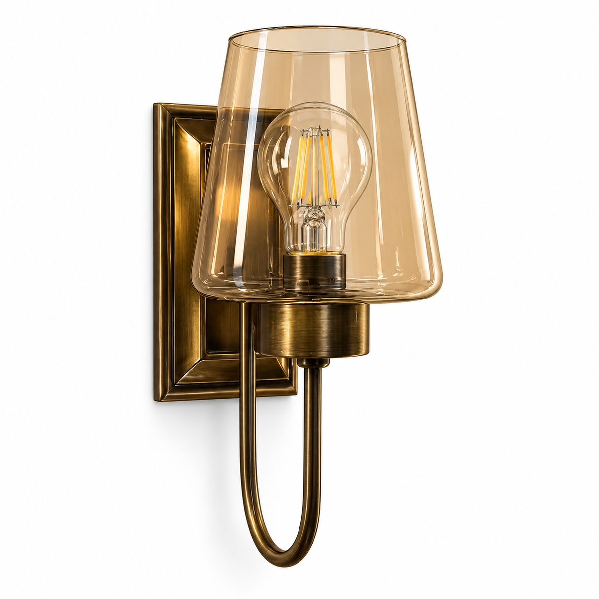 Tapered amber glass wall light with an elongated loop arm and framed rectangular backplate, switched off on a white background.