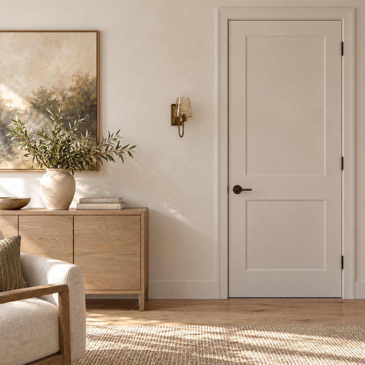 Tapered amber glass loop-arm wall light switched off beside a white door and wooden cabinet in daylight.