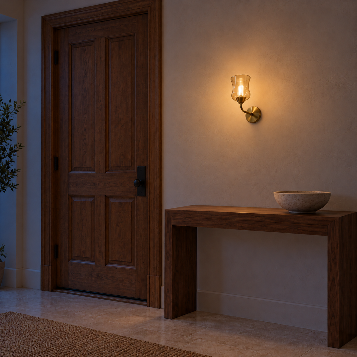 Amber hurricane glass wall light illuminated beside a wooden door and above a console table at night.