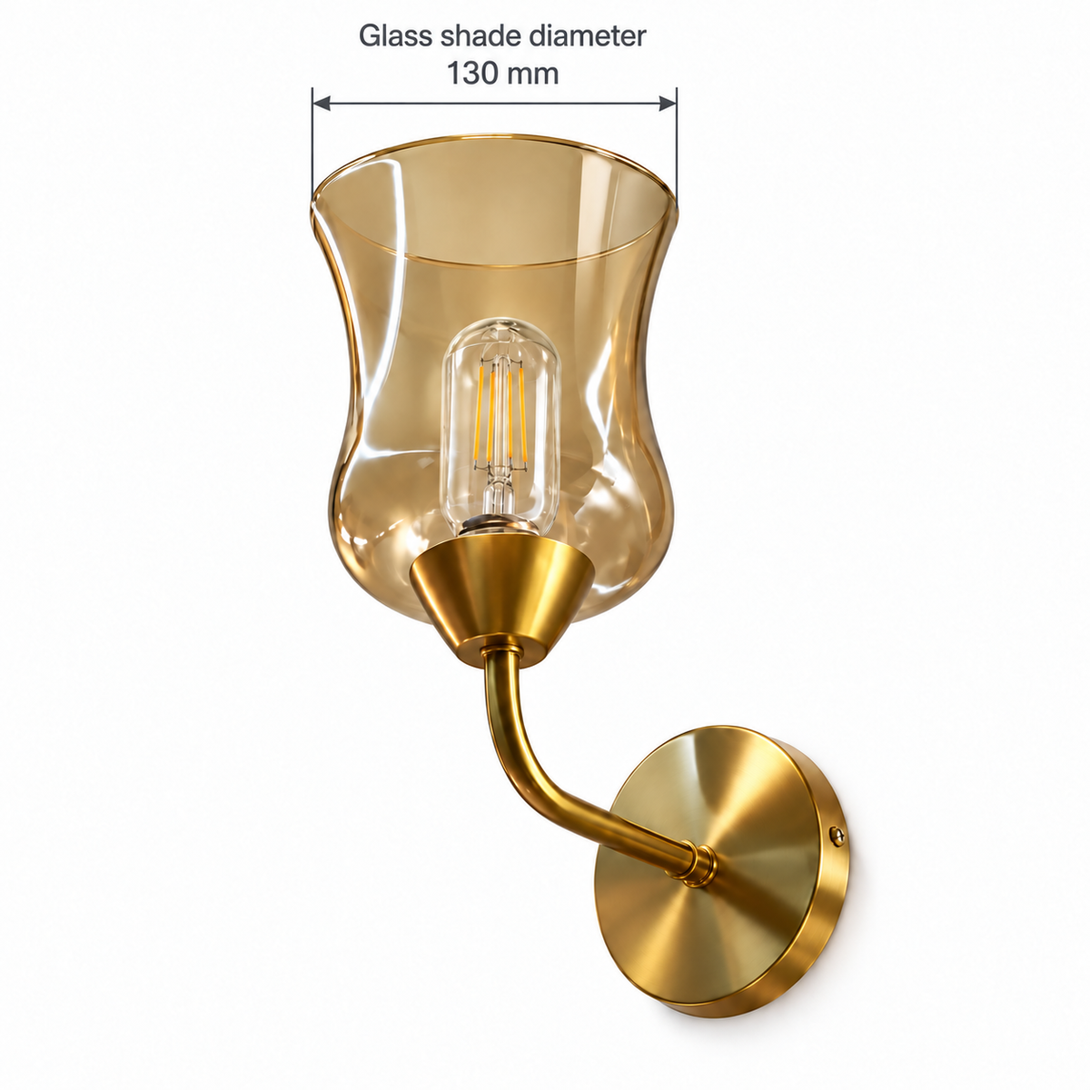 Amber hurricane glass wall light dimension diagram showing the glass shade diameter only: 130 mm across the widest upper mouth.