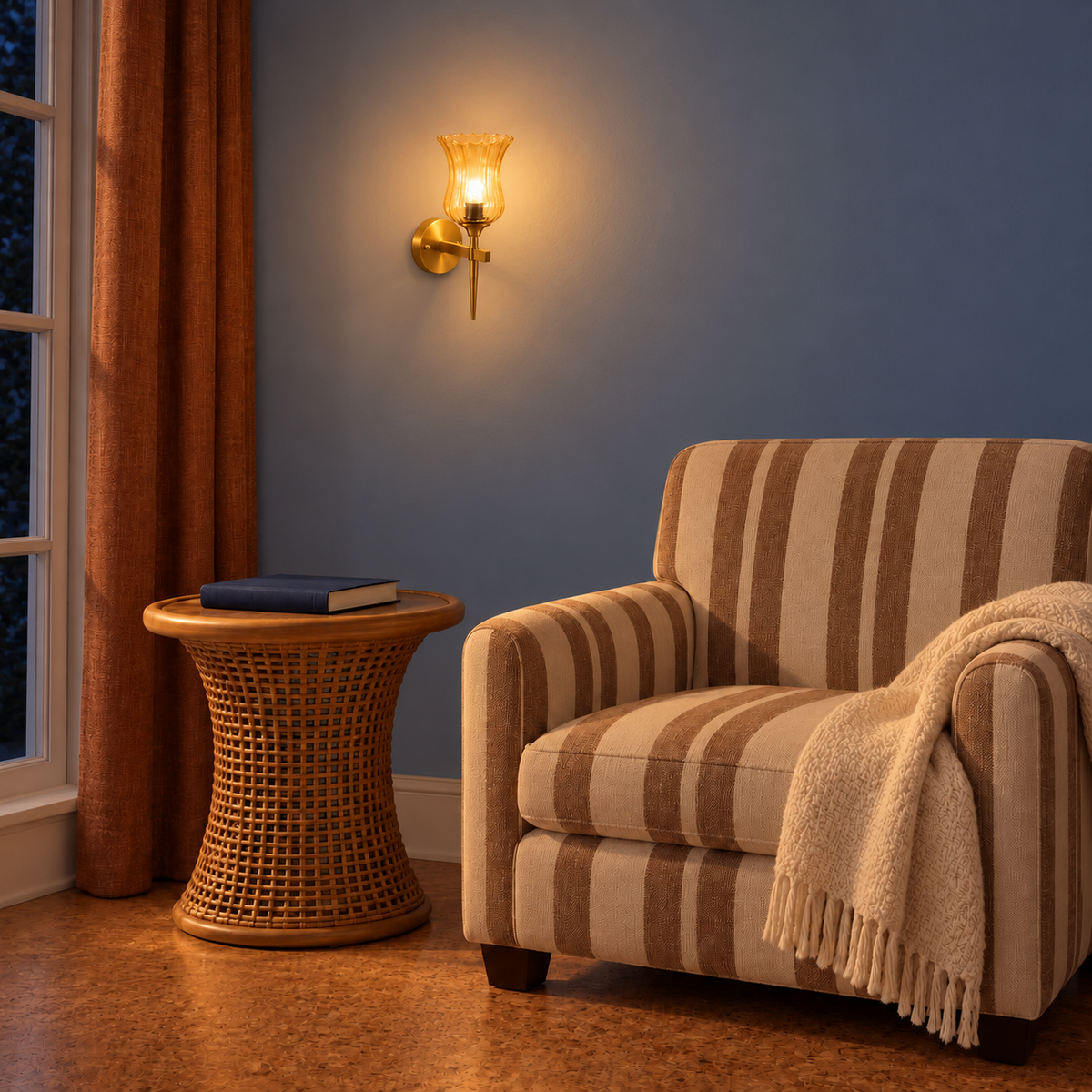 Flared amber glass spear-stem wall light illuminated beside a striped armchair at night