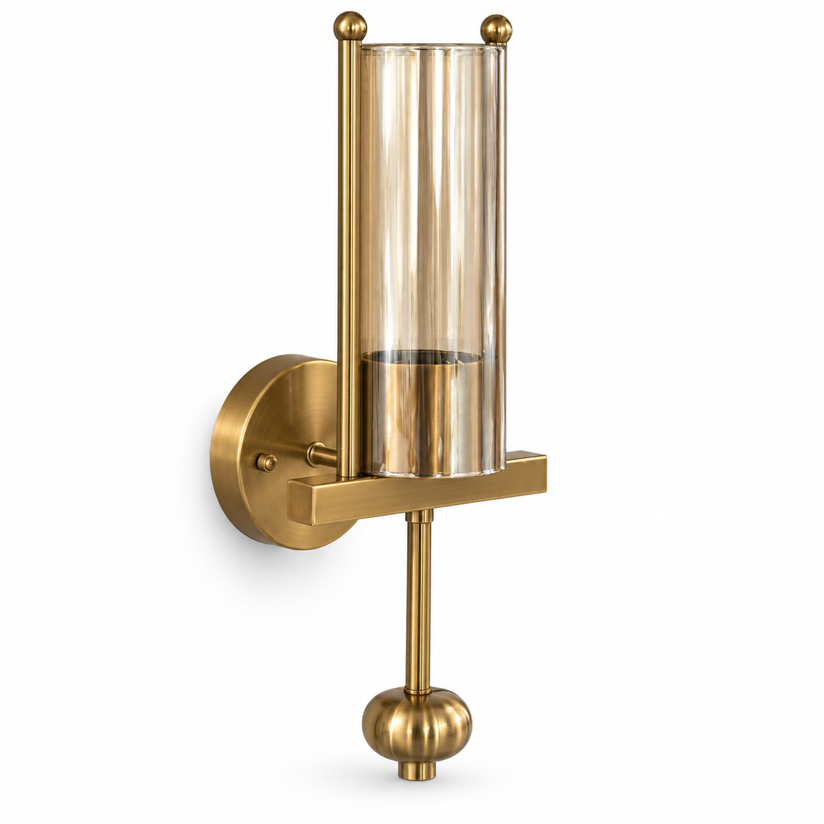 Amber glass cylinder wall light with twin upright rods, a round backplate and ribbed lower finial, switched off on a white background.
