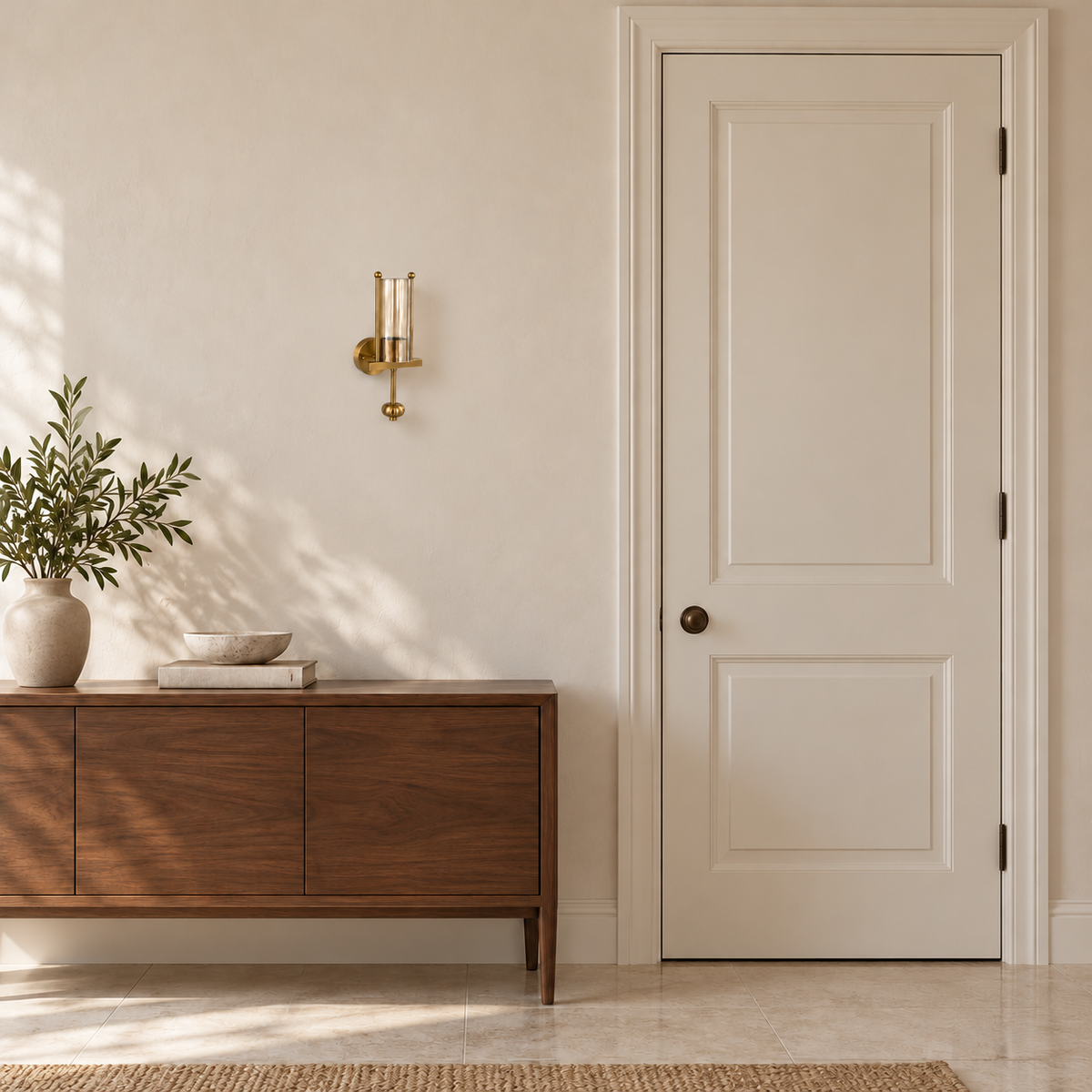 Amber glass cylinder finial wall light switched off beside a panelled door and above a wooden cabinet in daylight.