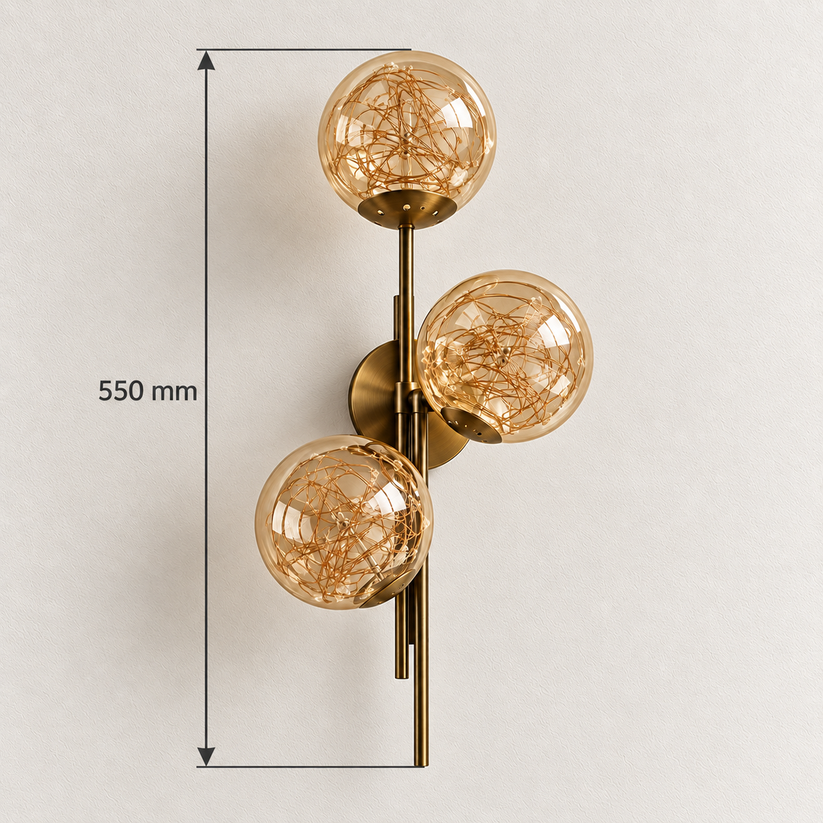 Triple amber glass globe wire-detail wall light showing 550 mm overall height