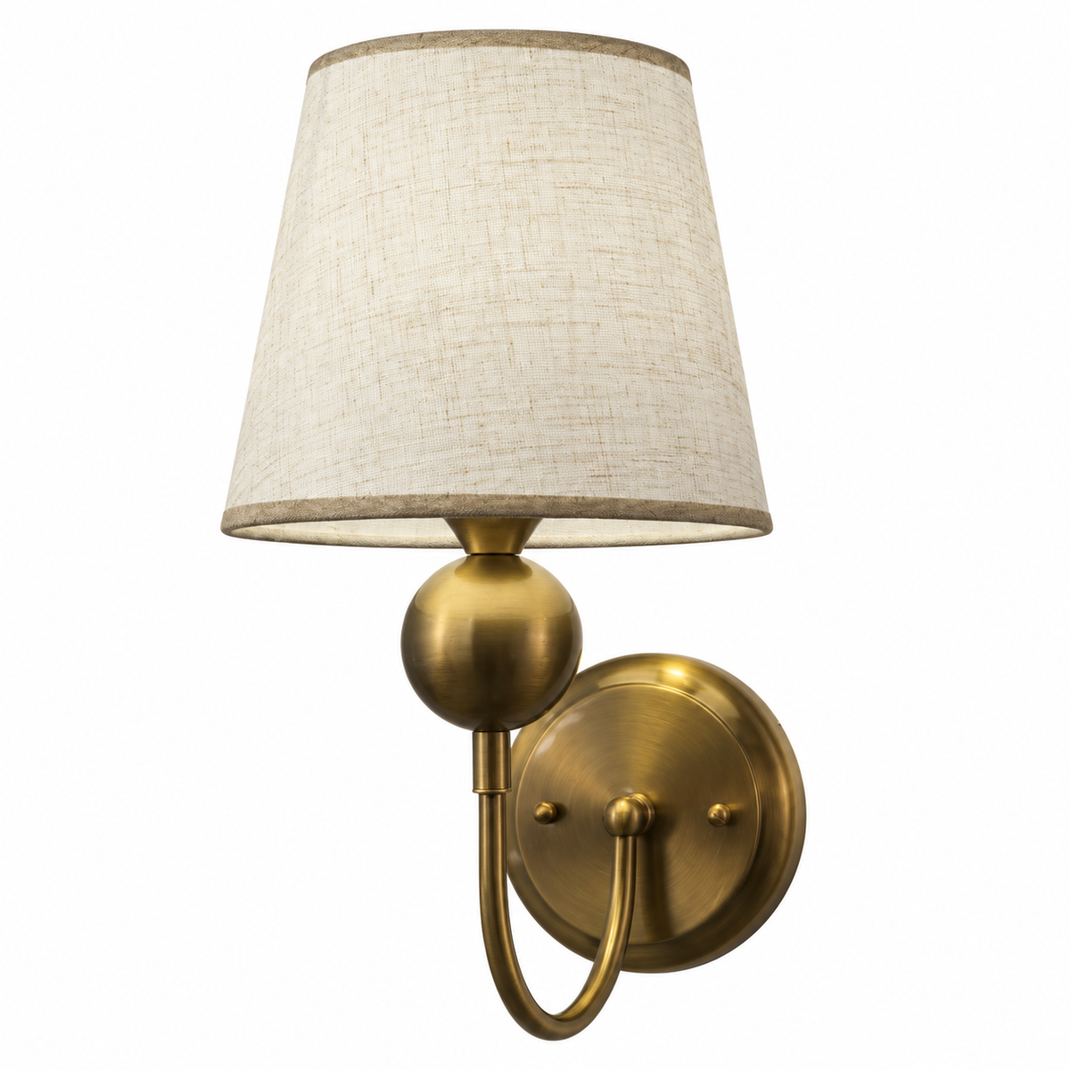 Off-white tapered shade wall light with a gold-tone globe stem detail, curved arm and round backplate, switched off against a white background