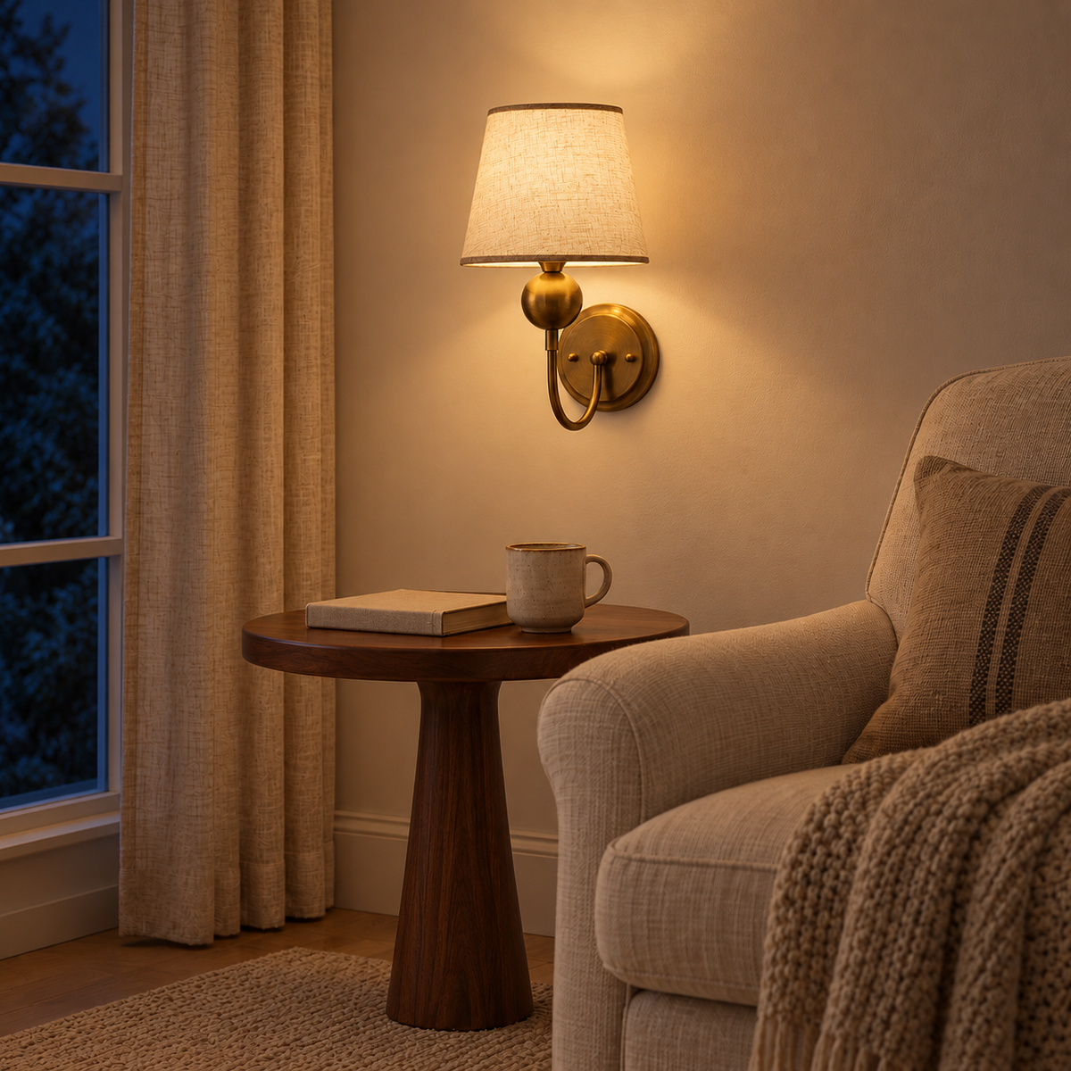 Globe Stem Curved Arm Wall Light above a round side table beside an upholstered armchair at night, illuminated