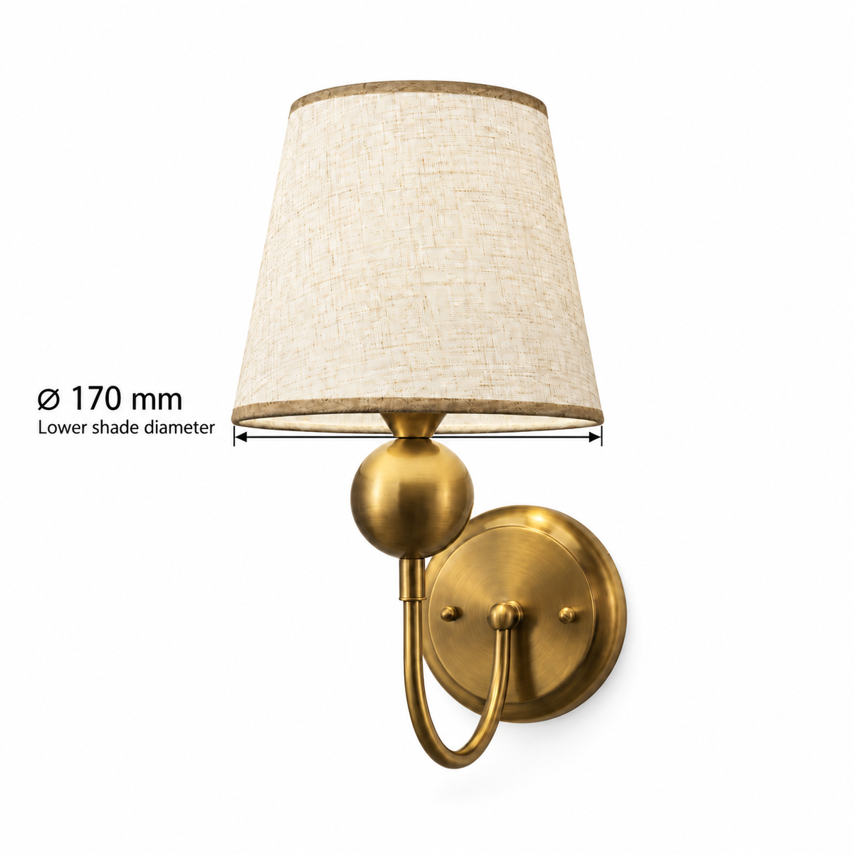 Globe stem curved arm wall light dimension guide showing lower shade diameter 170 mm