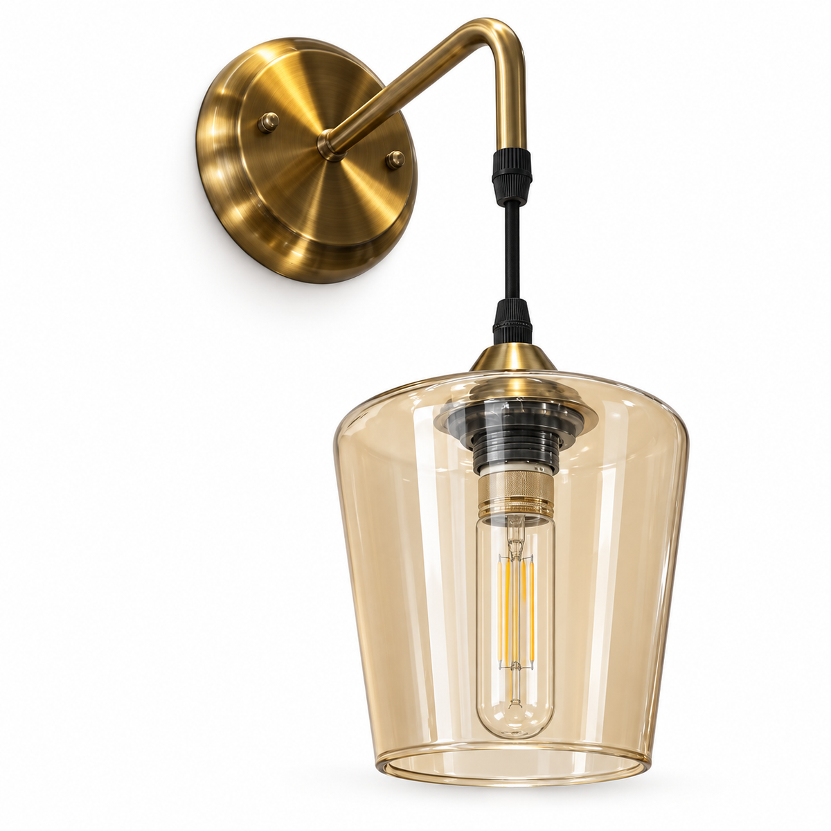 Amber bell-shaped glass wall light with a bent arm, round backplate and short black suspension, switched off on a white background.