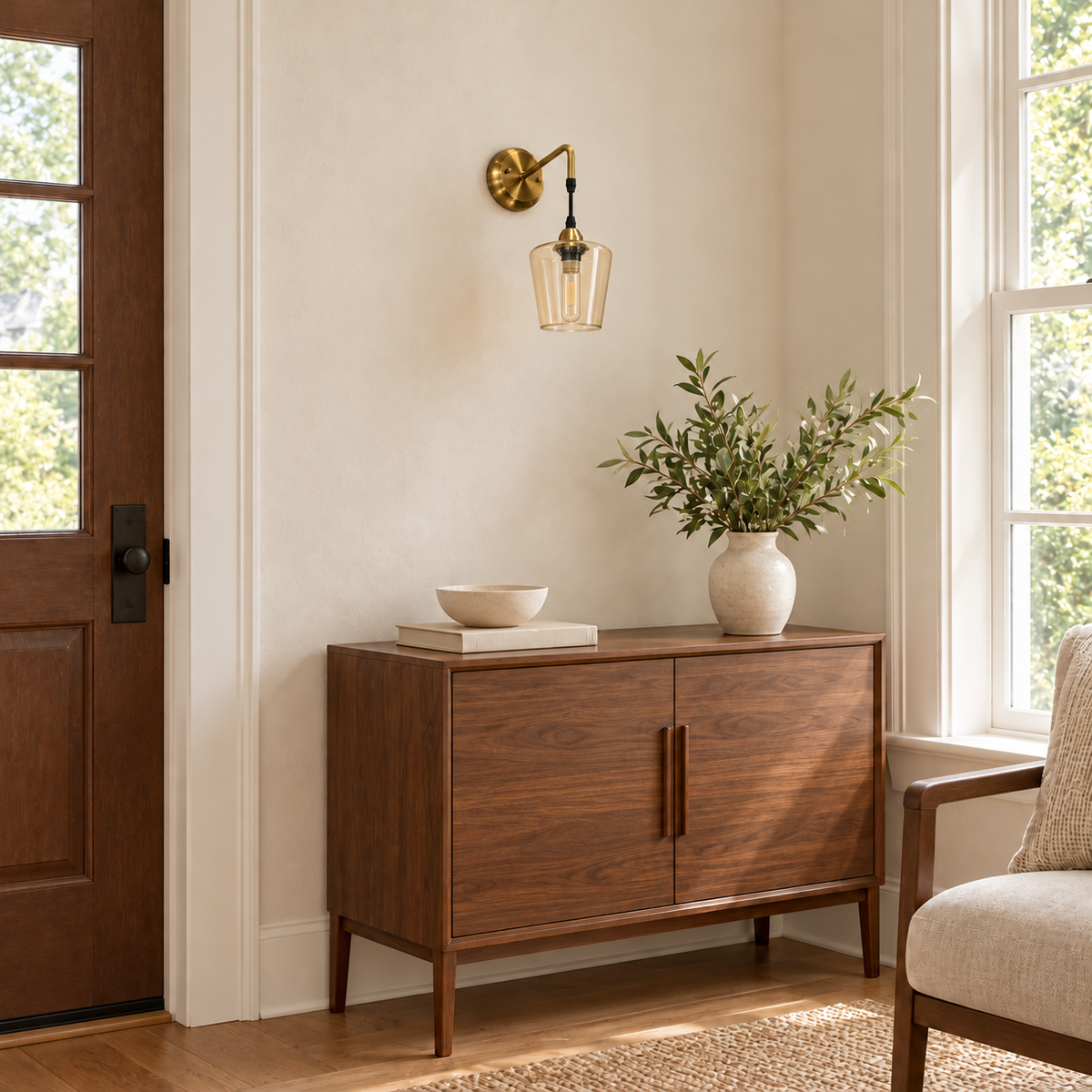Amber bell pendant wall light switched off above a wooden cabinet beside a doorway and chair in daylight.