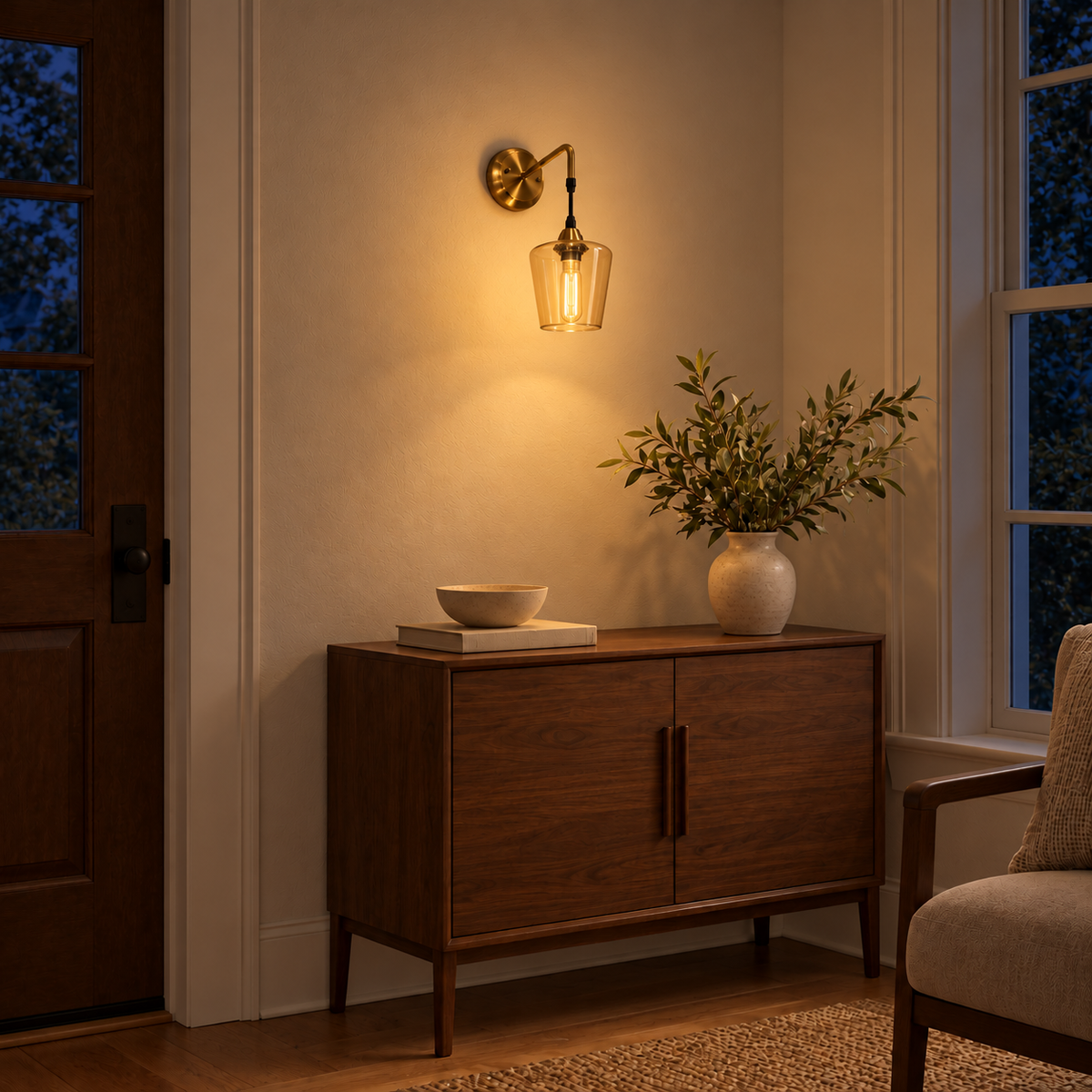 Amber bell pendant wall light illuminated above a wooden cabinet beside a doorway and chair at night.
