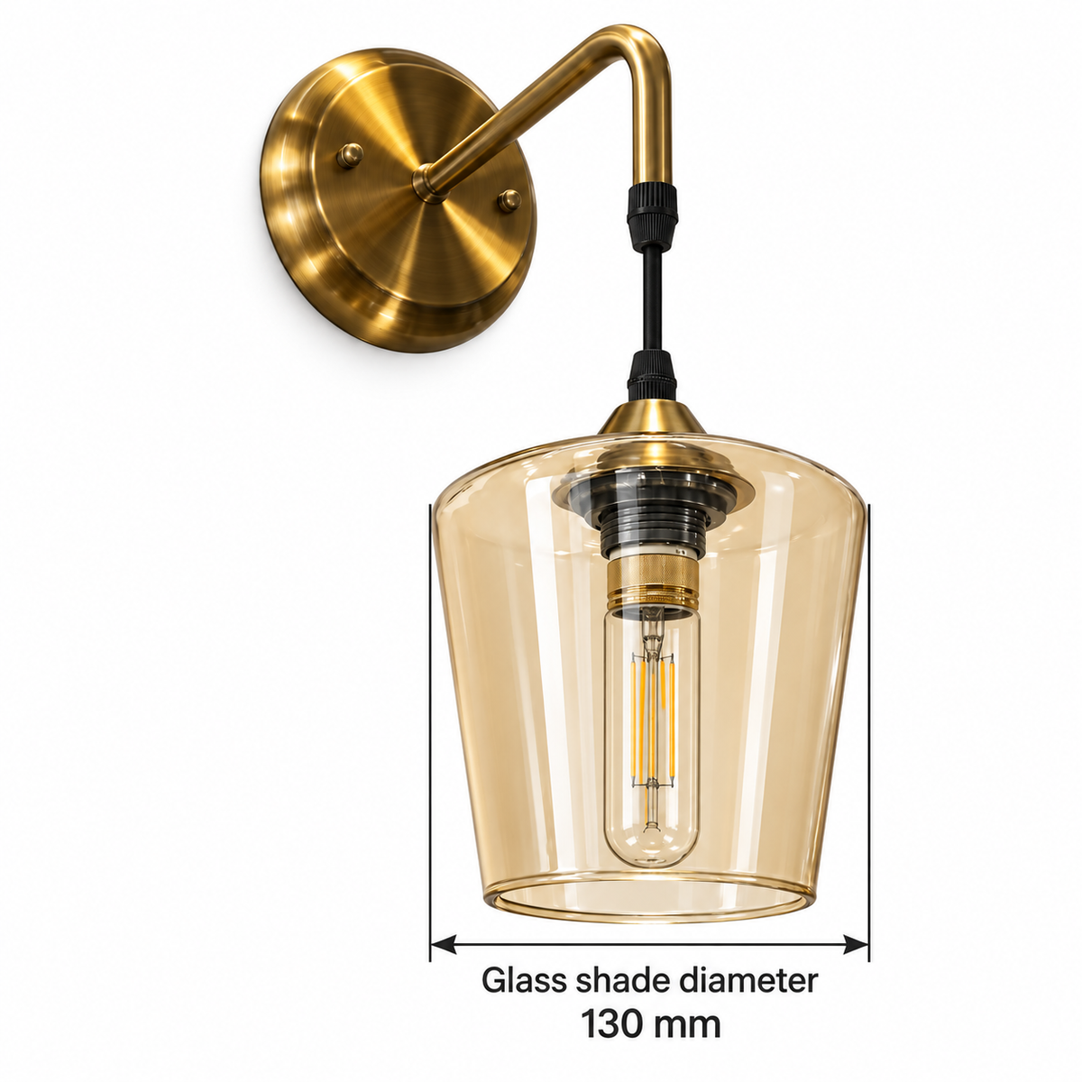 Amber bell pendant wall light dimension diagram showing the glass shade diameter only: 130 mm at the widest upper shoulder.
