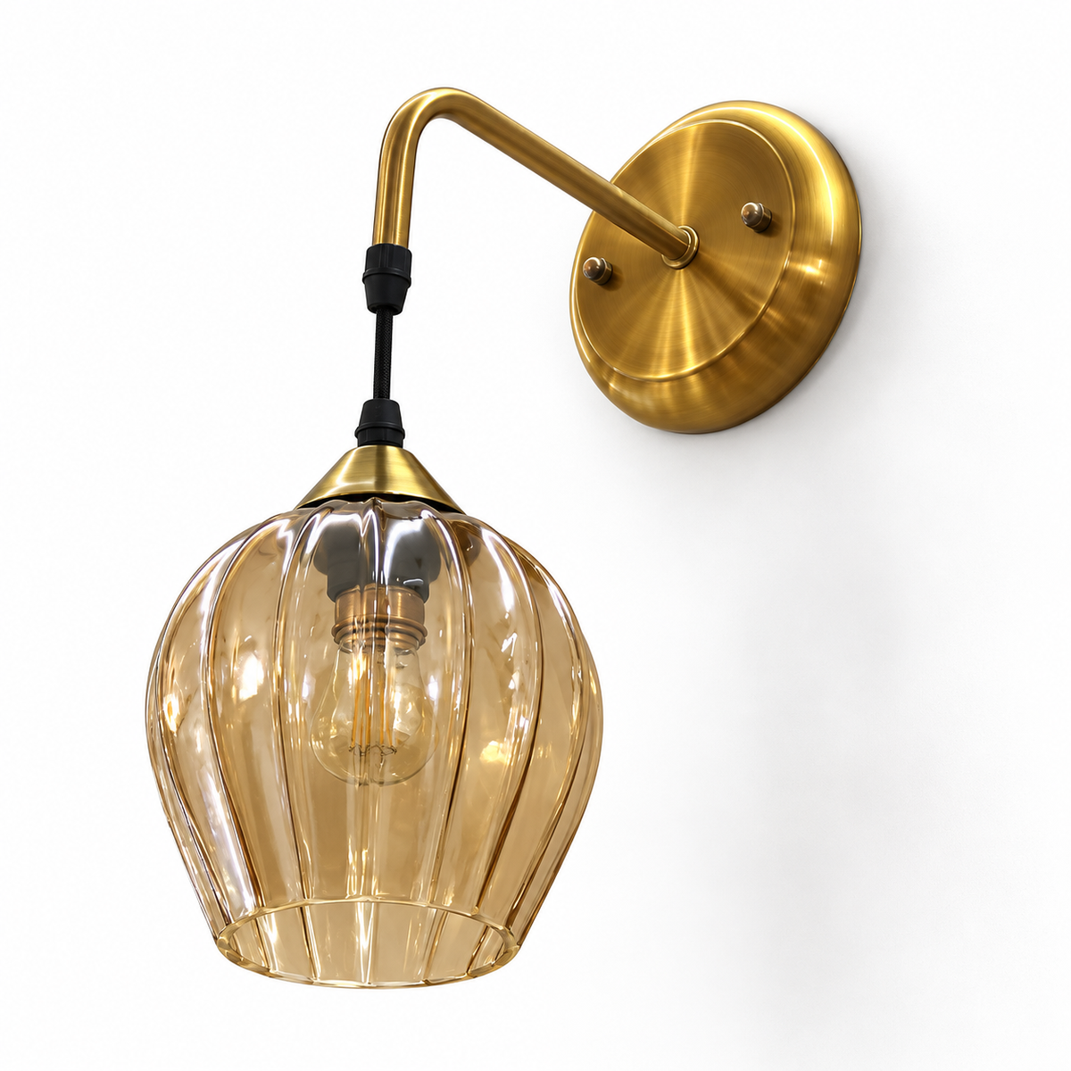 Ribbed amber glass pendant wall light with a rounded shade, short black suspension and round backplate, switched off on a white background.